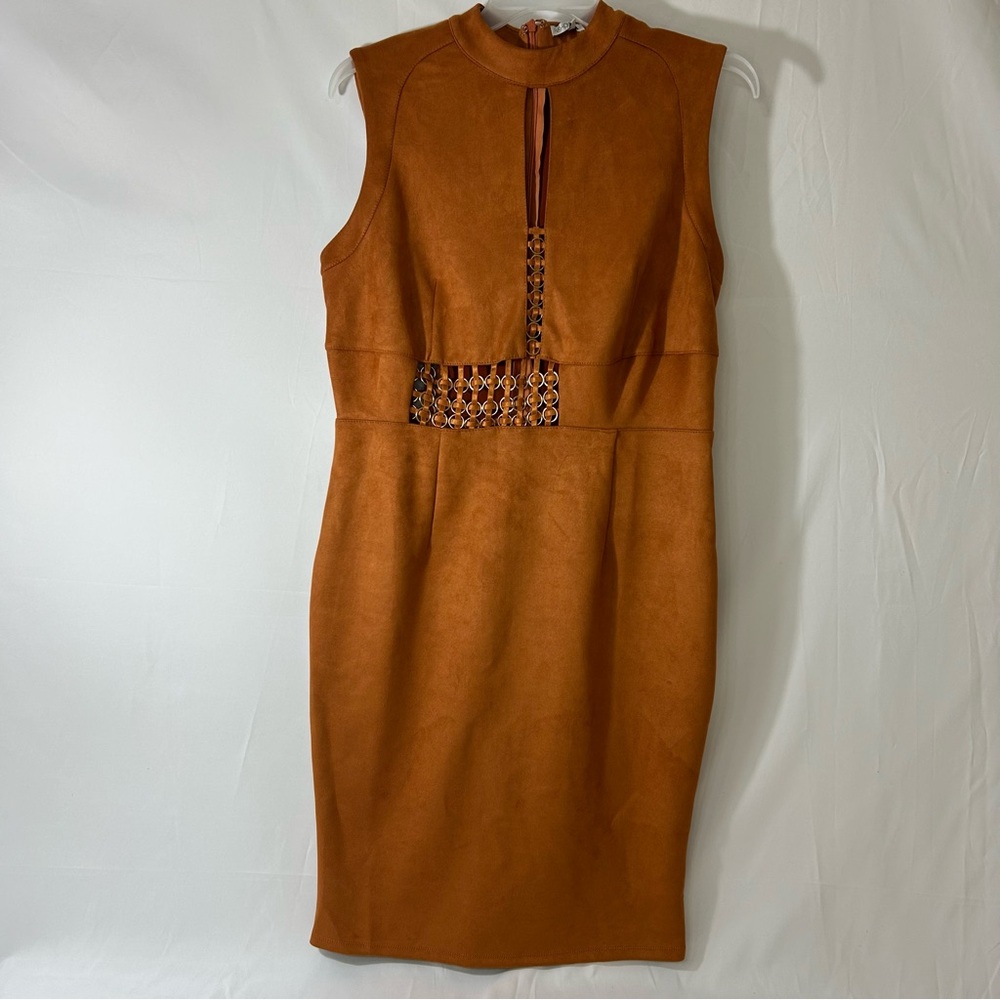NWT Fashion Nova Cognac Suede Midi Dress w/ Gold Chain Detail - Size 1X